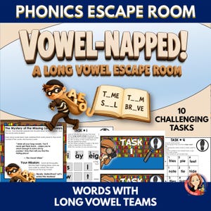 May include: A Phonics Escape Room educational activity titled VOWEL-NAPPED! A LONG VOWEL ESCAPE ROOM. The image features a cartoon thief with letters A, E, I, O, U, an open book with word puzzles, and worksheets showing 10 challenging tasks.
