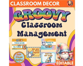 Conjunto de decoración de gestión de aula Retro Groovy, gráficos de comportamiento, organización de clase, gráficos de nivel de voz, señales manuales, reglas de clase, despido