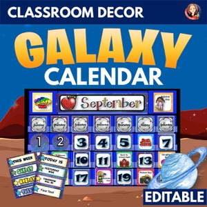 Calendario de aula editable en el tema del espacio exterior Galaxy, calendario editable personalizable, visualización de eventos de clase imprimibles