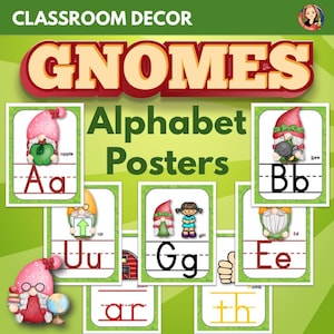 Gnome thema alfabet posters en klankkaarten, kabouter klas decor afdrukbaar, alfabet flashcards, klanken met groene achtergrond