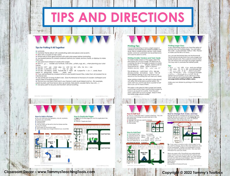 Op de afbeelding: Tips en instructies voor het maken van klasdecoratie. Het document bevat instructies voor het afdrukken, toevoegen van afbeeldingen, dupliceren van pagina's, toevoegen van tekst en het wijzigen van de letterkleur en -grootte. Het document bevat ook een copyrightvermelding voor Tammy's Toolbox.