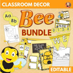 Zestaw dekoracji klasowych Bee, tablica ogłoszeń klasowych Bee Theme, banery, plakaty, znaki, kalendarz klasowy, harmonogram zajęć