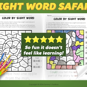 May include: Color by sight word activity featuring two worksheets with a monkey and an elephant. The worksheets include a sentence at the bottom to trace the sight words. The words are listed above crayons that correspond to the colors needed to color the picture. The caption reads "So fun it doesn't feel like learning!"