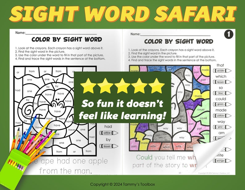 May include: Color by sight word activity featuring two worksheets with a monkey and an elephant. The worksheets include a sentence at the bottom to trace the sight words. The words are listed above crayons that correspond to the colors needed to color the picture. The caption reads "So fun it doesn't feel like learning!"