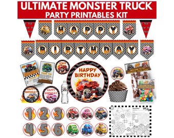 Monster Truck Party Printables, Monster Truck Theme Birthday Party Decorations, Customize, Edit, Birthday Decor Banners, Invitations, Favors