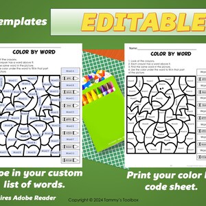 May include: Editable printable color by word worksheets.  The worksheets feature a black and white illustration of a cartoon bird.  The instructions are: Look at the crayons. Each crayon has a word above it. Find the same word in the picture. Use the color under the word to fill in that part of the picture.  The words are: orange, black, brown, green, yellow, red, and blue.