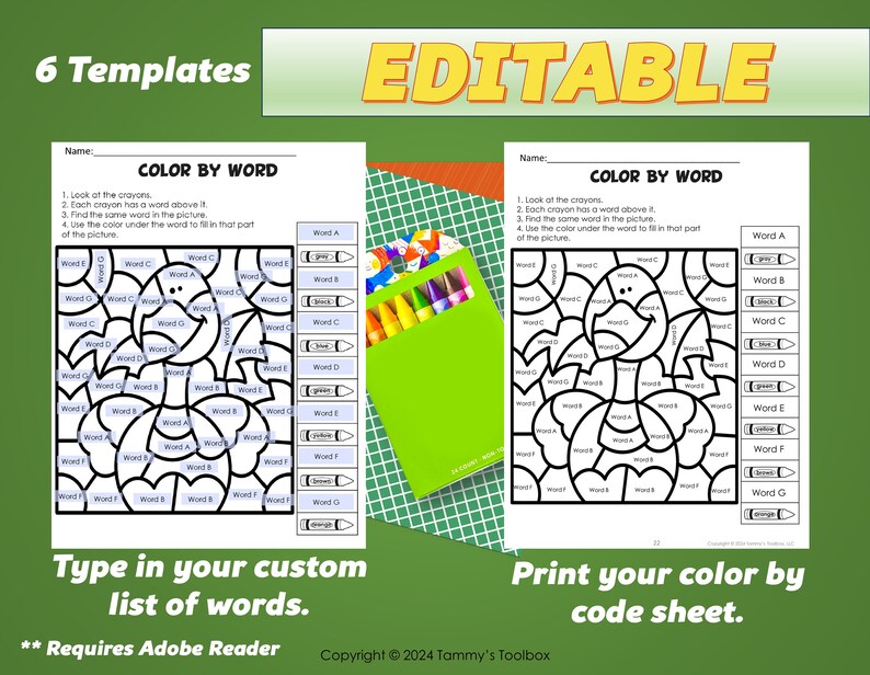 May include: Editable printable color by word worksheets.  The worksheets feature a black and white illustration of a cartoon bird.  The instructions are: Look at the crayons. Each crayon has a word above it. Find the same word in the picture. Use the color under the word to fill in that part of the picture.  The words are: orange, black, brown, green, yellow, red, and blue.