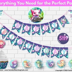 Adorable Axolotl Decor Set for a Fun Birthday Bash, Axolotl Party Banner, Poster, Party Favors, Cake Topper, Cookie Bag Toppers