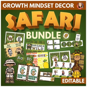 Jungle Safari Theme Classroom Decor Growth Mindset Editable Bundle, Back to School Bulletin Board, Classroom Calendar, Organized Classroom,