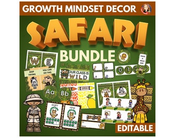 Jungle Safari Theme Classroom Decor Growth Mindset Editable Bundle, Back to School Bulletin Board, Classroom Calendar, Organized Classroom,