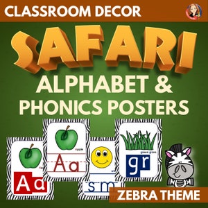 Alphabet Posters and Phonics Charts in Zebra Theme, Jungle Safari Theme Letter Posters, Classroom Decor