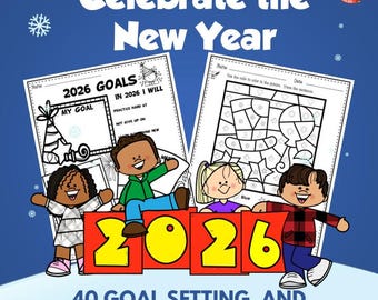 Hojas de trabajo para niños sobre propósitos de Año Nuevo 2026 / Ideas para escribir y páginas para colorear / Actividades para el aula en enero / Paquete imprimible de Año Nuevo