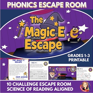 Pode incluir: Um cartaz educativo roxo e azul intitulado "The Magic E Escape" para as séries 1-3. O design apresenta um chapéu de mago, uma varinha mágica e a letra "e" como um personagem de desenho animado. O cartaz é projetado para uma sala de fuga de fonética.