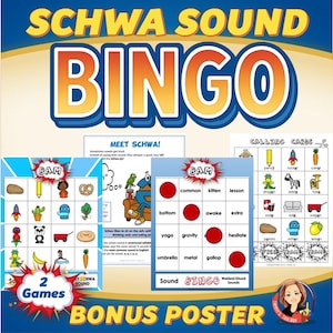 May include: A blue and yellow educational game set titled "SCHWA SOUND BINGO." The set includes bingo cards, calling cards, and a bonus poster. The bingo cards feature illustrations and words. The text "2 Games" is visible.