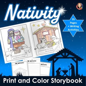 Christmas Nativity Coloring Pages on Birth of Jesus, Color a Nativity Book Sunday School, Homeschool Bible Activity, Baby Jesus Coloring