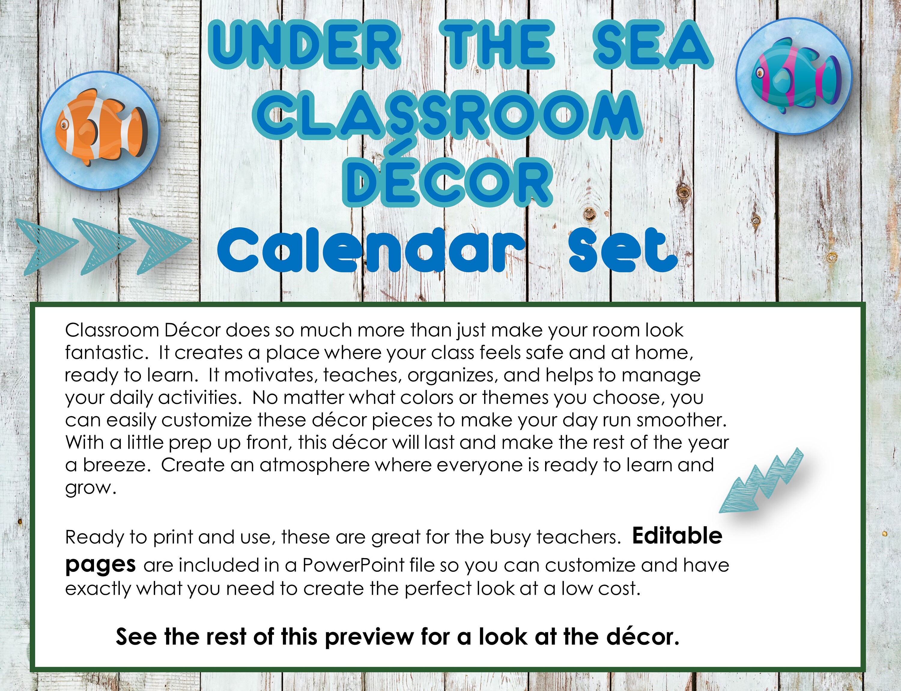 Ocean Under the Sea Theme Classroom Calendar, Sea Life Monthly Calendar ...