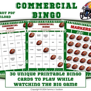 The Super Football Bingo Game, Commercials Bingo, 30 Printable bingo game cards for football parties to watch commercials.  Fun party game