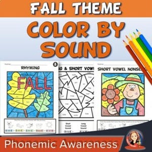 Op de afbeelding: Educatief werkblad met een herfstthema, met de tekst "Fall Theme Color by Sound". Het werkblad bevat kleur-op-nummer activiteiten, met afbeeldingen van bladeren en een vogelverschrikker. Kleurpotloden zijn zichtbaar in de rechterbovenhoek.