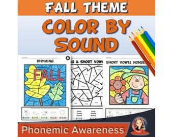 秋の音と色分けのぬり絵、文字の音を使った塗り絵、子供向け印刷可能なフォニックスぬり絵ワークシート、フォニックス復習