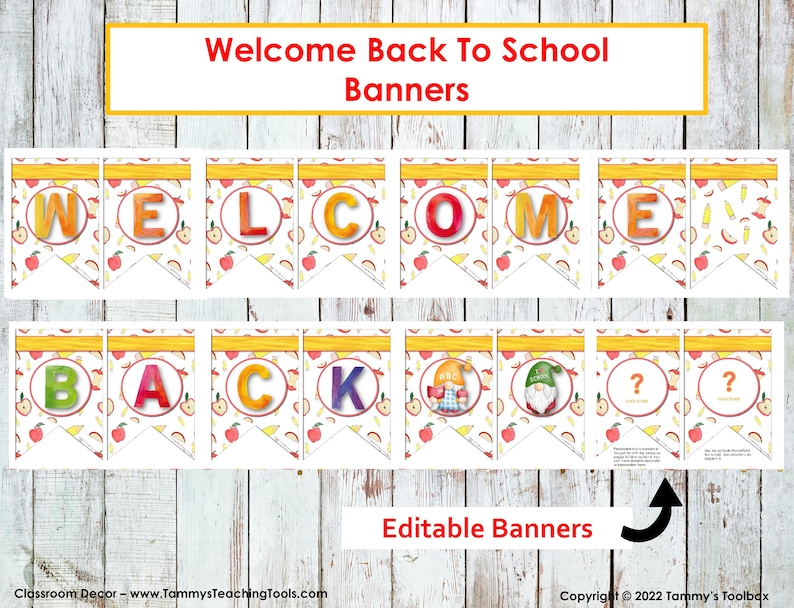 Op de afbeelding: Bewerkbare 'Welkom terug op school'-banner met rode, gele en witte appel- en potloodontwerpen. De banner bevat de woorden 'Welkom terug' in grote, kleurrijke letters.