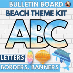 Cartas de quadro de avisos com tema de decoração de sala de aula de oceano tropical, exibição de sala de aula com tema de praia com bordas, banners, recortes