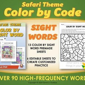 May include: Safari-themed printable color-by-sight-word worksheets. The image shows three worksheets, one with a compass and a safari hat, one with a jeep, and one with a giraffe. The worksheets are designed to help children learn sight words by coloring in the pictures according to the corresponding word.