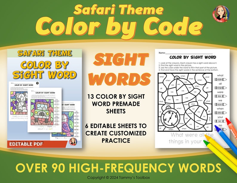May include: Safari-themed printable color-by-sight-word worksheets. The image shows three worksheets, one with a compass and a safari hat, one with a jeep, and one with a giraffe. The worksheets are designed to help children learn sight words by coloring in the pictures according to the corresponding word.