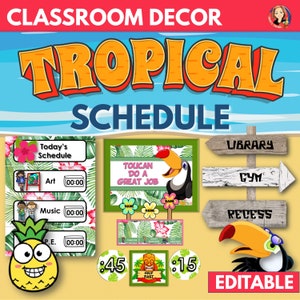 May include: Tropical themed classroom schedule with a toucan, pineapple, and wooden signs. The schedule includes times for art, music, and P.E. The signs say "Library", "Gym", and "Recess". The text "Toucan Do A Great Job" is on a sign with a toucan illustration. The text "Today's Schedule" is on a sign with a pink flower. The text "Editable" is at the bottom of the image.