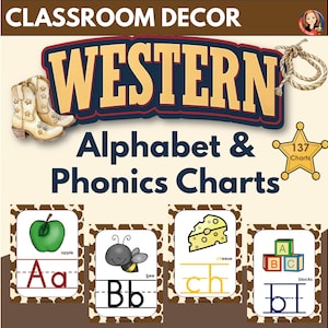 Alfabetposters met westerse koeprint A-Z | Phonics Sound-muurkaarten | Rustieke alfabetkaarten voor klasdecors voor leerkrachten basisonderwijs