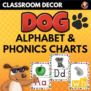 Alphabet Posters and Phonics Sounds Anchor Charts in Dog Paws Classroom Decor Theme