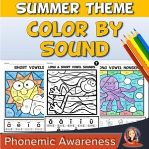 Páginas para colorear de verano con sonidos de letras, hojas de trabajo de fonética imprimibles para niños, repaso de fonética