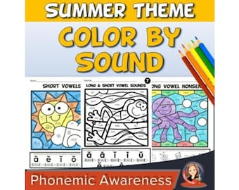 夏の音で色を塗るぬり絵とコードで色を塗るぬり絵、文字の音を使った子供向け印刷可能なフォニックスぬり絵ワークシート、フォニックス復習