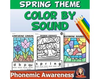 Spring Color by Sound and Color by Code Coloring Pages with Letter Sounds, Kids Printable Phonics Coloring Worksheets, Phonics Review