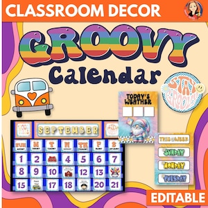Groovy Retro Gnome Classroom Calendar Set, Editable, Printable Bulletin Board Kit and Weather Display, Retro Classroom Calendar