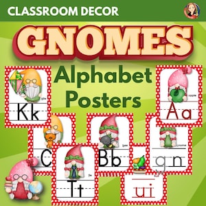 Gnome-thema alfabetposters en klankkaarten, kabouterklasdecor afdrukbaar, alfabetflashcards, klanken