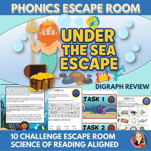 Könnte beinhalten: Ein farbenfrohes Lernposter mit dem Titel "Phonics Escape Room" zum Thema "Under the Sea Escape". Es zeigt eine Cartoon-Meerjungfrau, eine Schatzkiste und verschiedene Unterwasserelemente. Das Poster enthält Text und Grafiken zur Überprüfung von Digraphen.