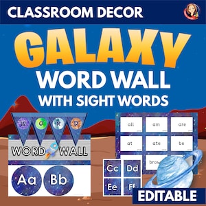 May include: Editable galaxy-themed word wall classroom decor with sight words and alphabet letters. The design features a blue and white galaxy background with stars and planets. The words are printed on white cards with a blue border.