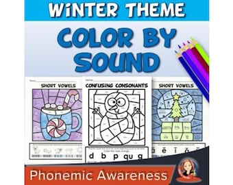 冬の音で色を塗る塗り絵とコードで色を塗る塗り絵、文字の音を使った塗り絵、子供向けの印刷可能なフォニックス塗り絵ワークシート、フォニックス復習