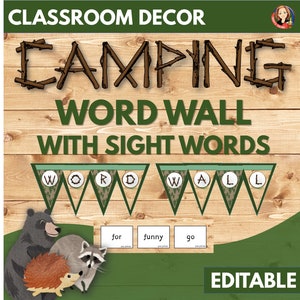 Mur de mots visuels et de mots phonétiques en bois rustique sur le thème du camping, décoration de salle de classe de camping, cartes murales de mots et posters
