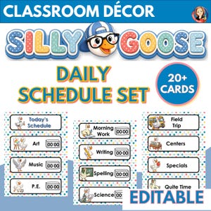 May include: Classroom decor set featuring a cartoon goose wearing glasses and a hat. The set includes a "Daily Schedule Set" with various activity cards like "Art," "Music," and "P.E." The cards are designed with a colorful polka dot border and are labeled "Editable."