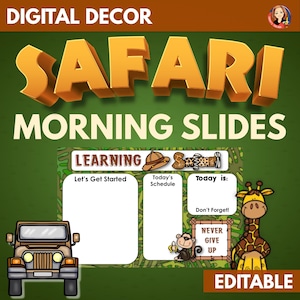 Digital morgonuppgift och dagliga agendabilder i klassrumsdekor med safaridjungeltema