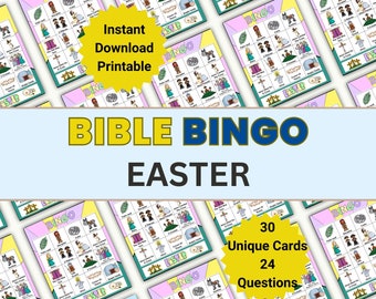 Attività di Pasqua Bingo biblico, gioco di revisione delle lezioni bibliche per bambini, gioco biblico stampabile