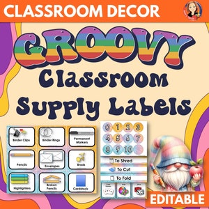 Classroom Supply Labels and Organization Labels in Groovy Retro Classroom Decor Theme.  Classroom Management and Teacher Organization