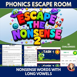 May include: A Phonics Escape Room educational activity titled Escape the Nonsense 2 featuring space-themed graphics, including a green alien in a flying saucer, a rocket, and planets. The set includes 10 challenges with worksheets for decoding nonsense words with long vowels.