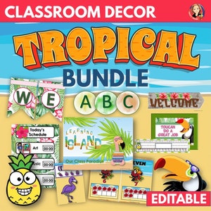 Tropical Classroom Decor Bundle Editable, Classroom Bulletin Board Posters, Classroom Organization, Beach Classroom, Flamingo, Tucan Decor