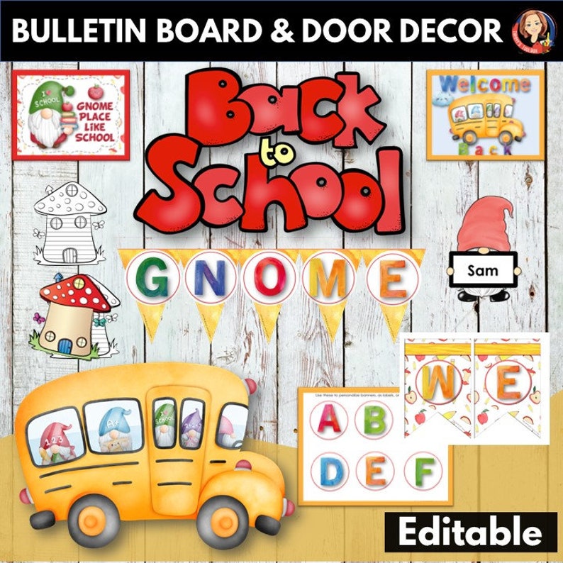 Op de afbeelding: Terug naar school bulletin board en deur decor set met een gele schoolbus, gnomes en appel-thema alfabet letters. De set bevat bewerkbare elementen en een welkomstbord.