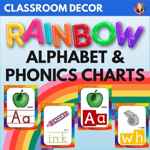 Printable Rainbow Alphabet and Phonics Posters, Phonics Anchor Charts, and Alphabet Posters in Rainbow Classroom Decor