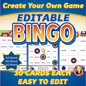 Crea tu propio juego de bingo con tableros de bingo digitales editables y autocompletados. Tableros de bingo personalizados para fiestas de cumpleaños infantiles. Reseña escolar.