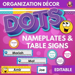 Editable Desk Name Plates, Class Name Tags, and Table Signs in Bright Polka Dot Classroom Decor, Classroom Organization, Student Name Tags