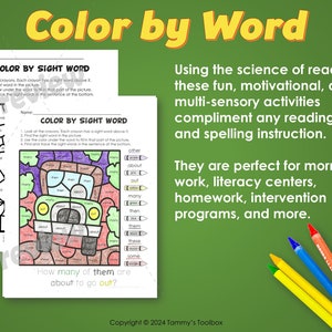 May include: Color by Sight Word worksheet featuring a colorful illustration of a school bus. The worksheet includes a list of sight words and a corresponding color key. The text "How many of them are about to go out?" is printed at the bottom of the worksheet.